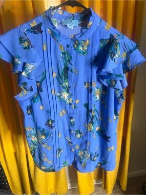 CeCe Blue Floral Ruffle Sleeve Blouse